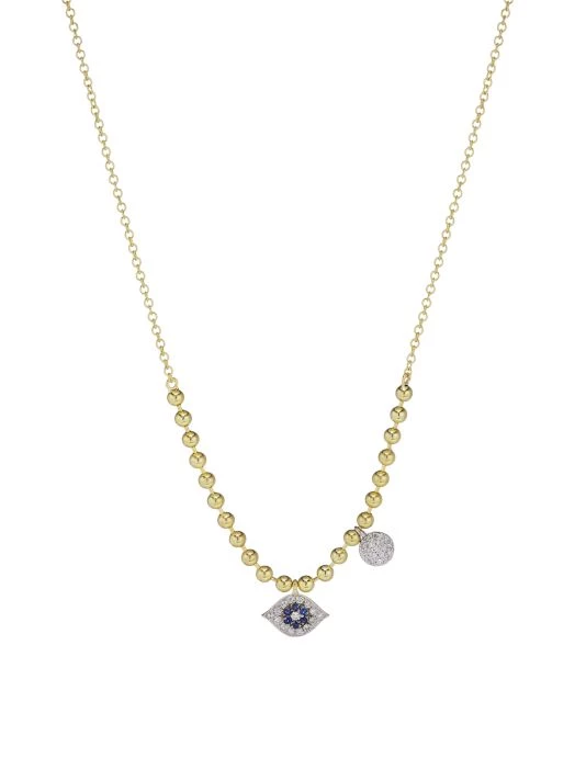 Meira T Two-Tone 14K Gold, Diamond & Sapphire Evil Eye Pendant Ball Chain Necklace 1 Meira T Two-Tone 14K Gold, Diamond & Sapphire Evil Eye Pendant Ball Chain Necklace