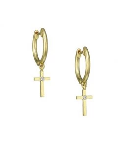 Meira T 14K Yellow Gold & Diamond Cross Charm Huggie Hoop Earrings